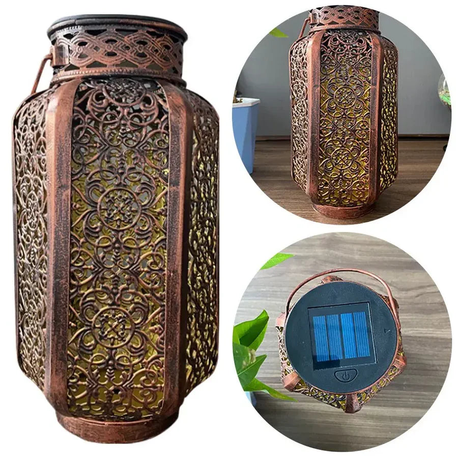 Lanterne solaire décorative en fer couleur cuivre motif oriental pour jardin terrasse balcon autonomie 8–10 h | Koossa