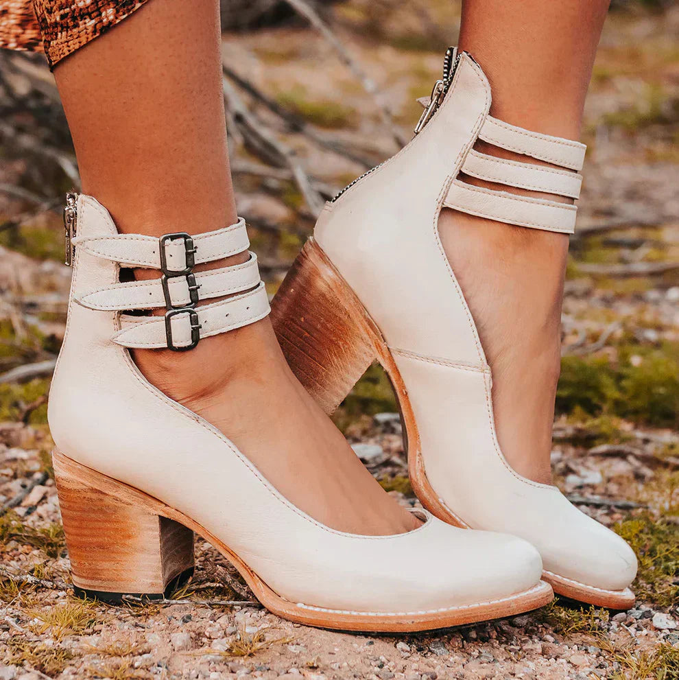 Women's Leather Court Shoes with Double Ankle Straps and Block Heel for All-Day Elegance and Comfort | Koossa