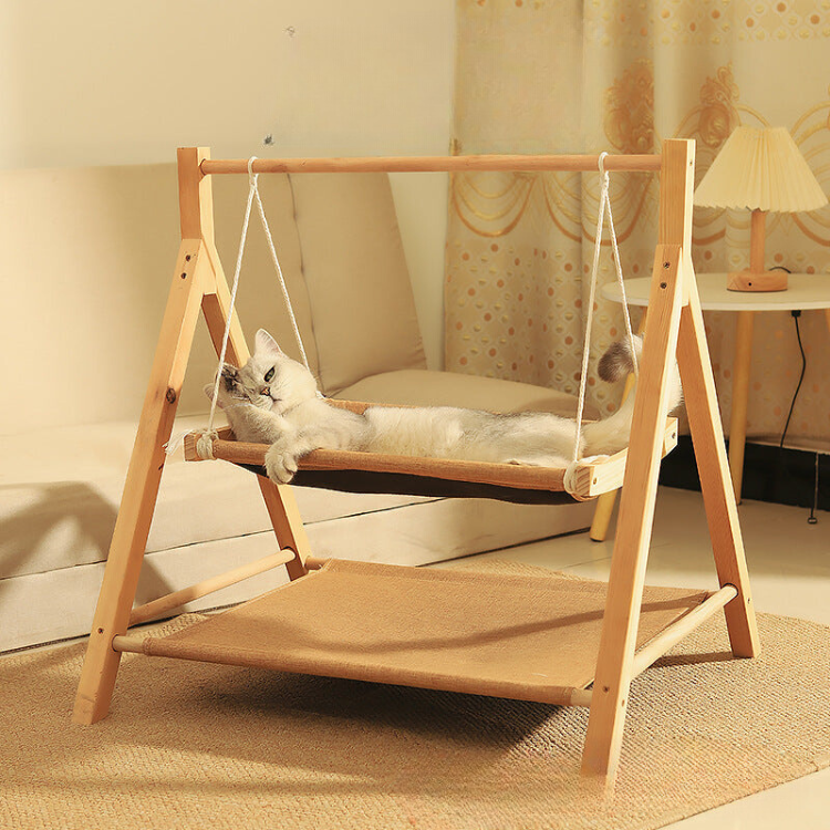 Cat Hammock Swing Solid Wood Double Layer Hanging Bed Elevated Rest Perch Indoor Wall Mount Cat Bed Lounge | Koossa