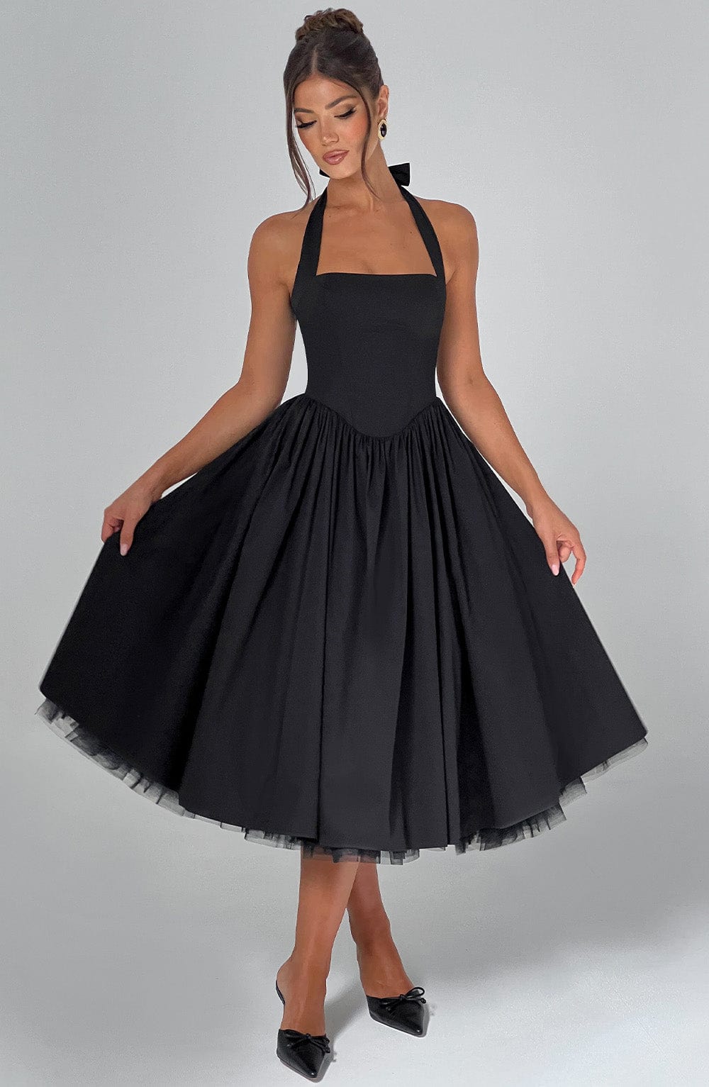 Women's Halter Neck Midi Dress in White and Black – Wedding Guest and Summer Garden Party Occasion Dress | Koossa