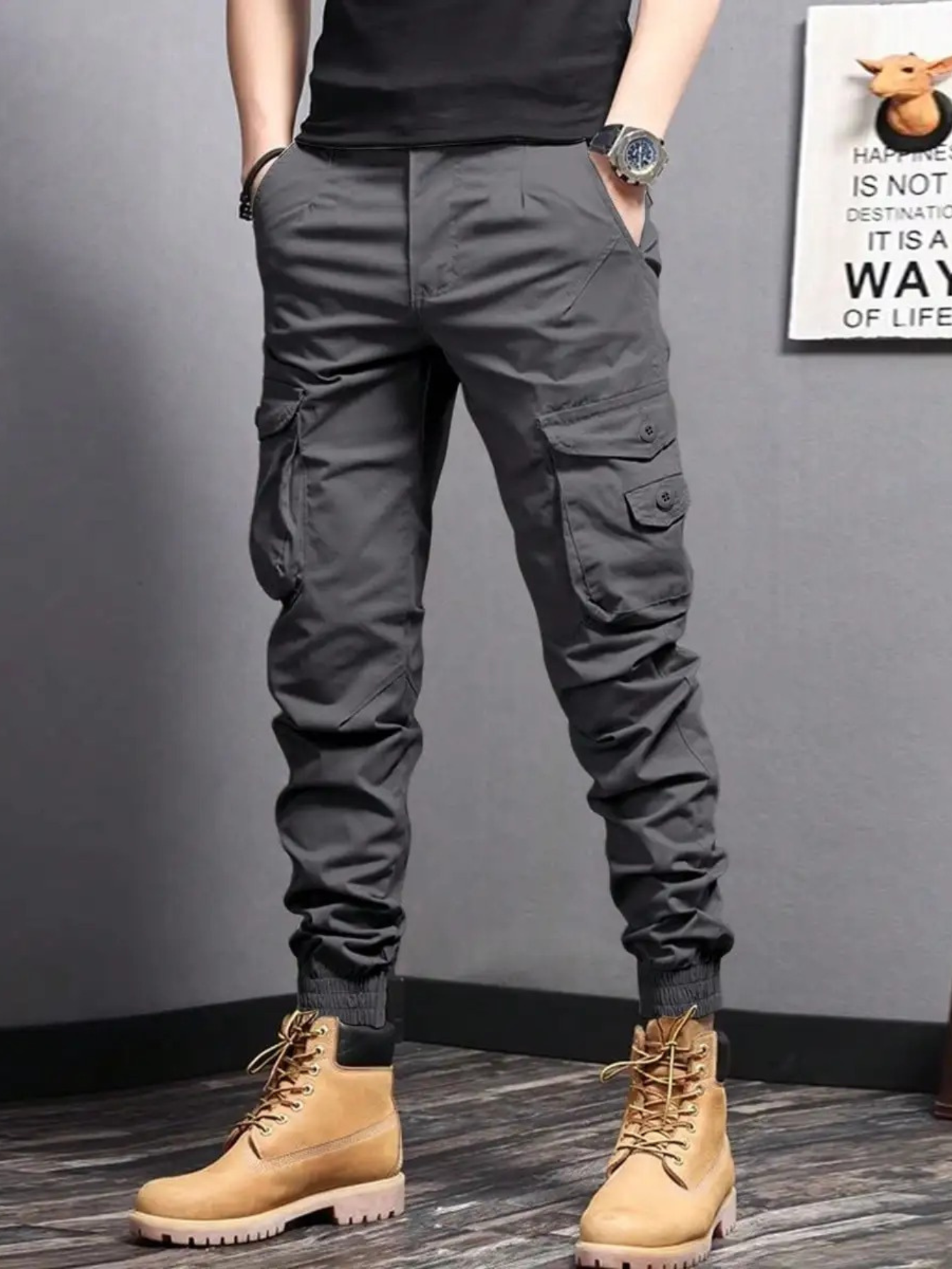 Men's Cargo Trousers in Black and Grey — Tapered Utility Style with Flap Pockets and Reinforced Seams for Casual Everyday Wear | Koossa