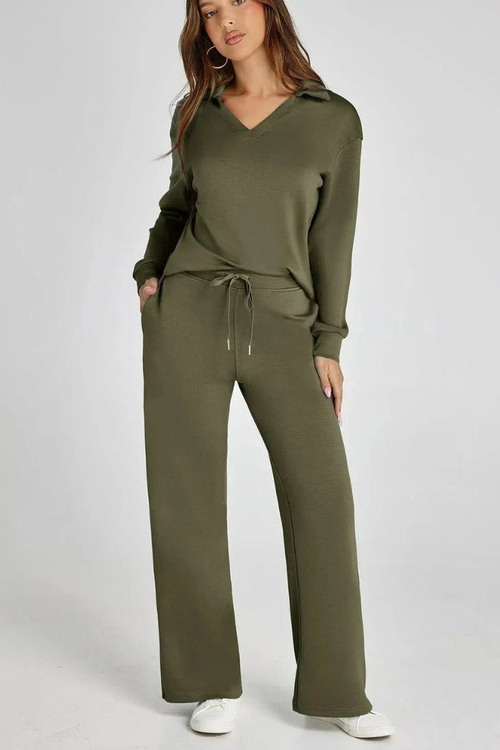 Women's Two-Piece Lounge Set V-Neck Collared Top Wide-Leg Trousers Drawstring Waist Relaxed Fit Comfortable Loungewear Casual Weekend Wear Timeless Minimalist Style | Koossa