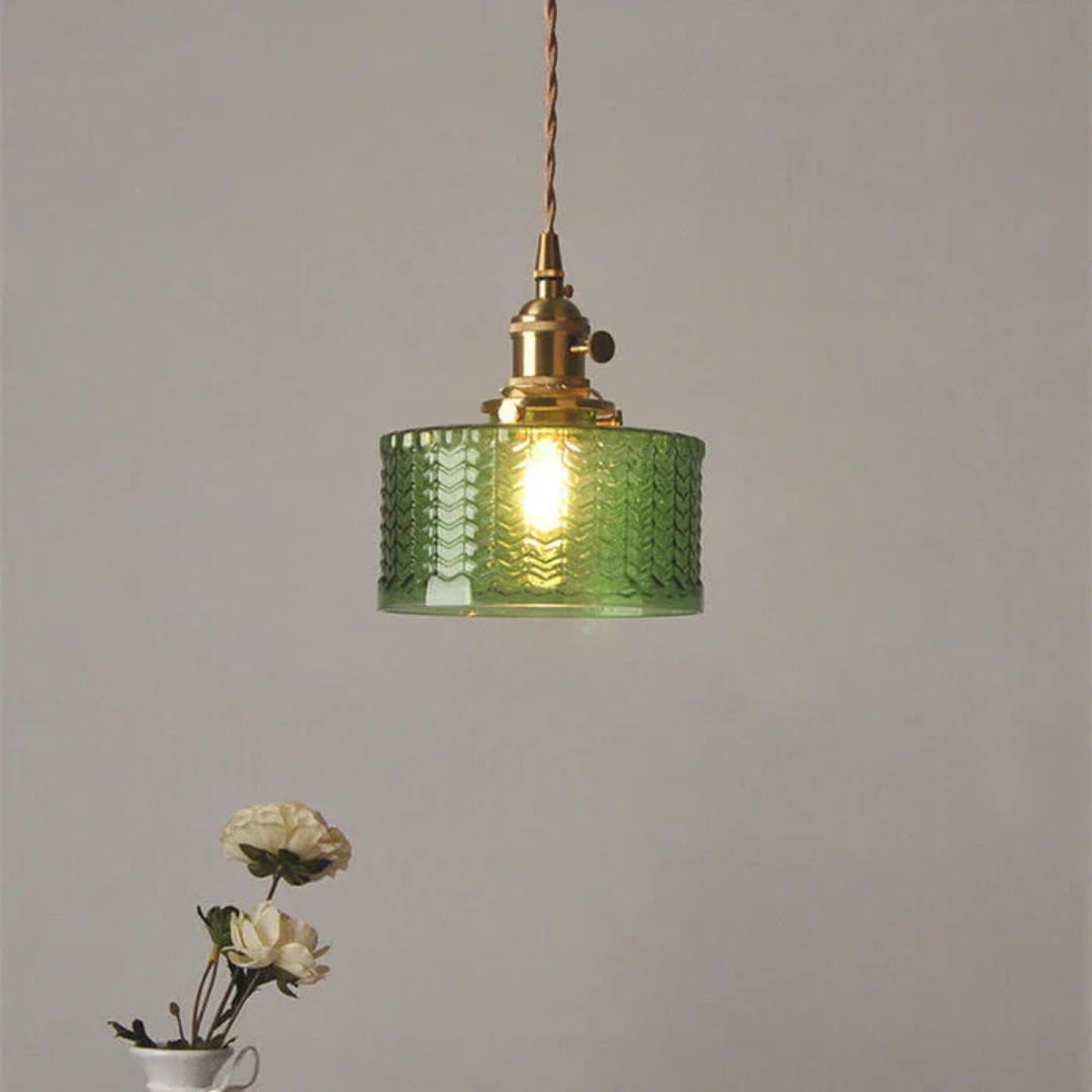 Adjustable Pendant Light with Ribbed Glass Shade, E27 Socket, Green Brass Finish for Kitchen Island, Dining Room & Breakfast Bar | Lonoma
