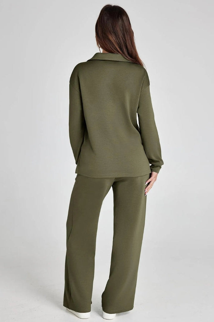 Women's Two-Piece Lounge Set V-Neck Collared Top Wide-Leg Trousers Drawstring Waist Relaxed Fit Comfortable Loungewear Casual Weekend Wear Timeless Minimalist Style | Koossa