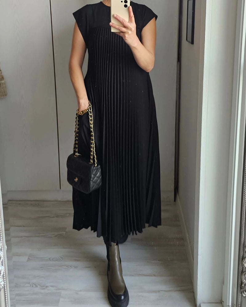 Women's Sleeveless Pleated Midi Dress in Soft Jersey Fabric for Daywear & Evenings | Koossa