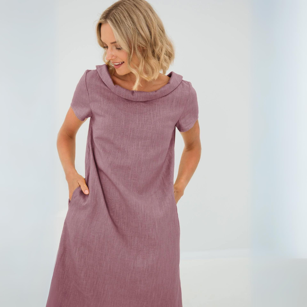 Women's Short Sleeve Midi Dress with Pockets — Elegant Summer Dress for Garden Parties & Daywear | Koossa