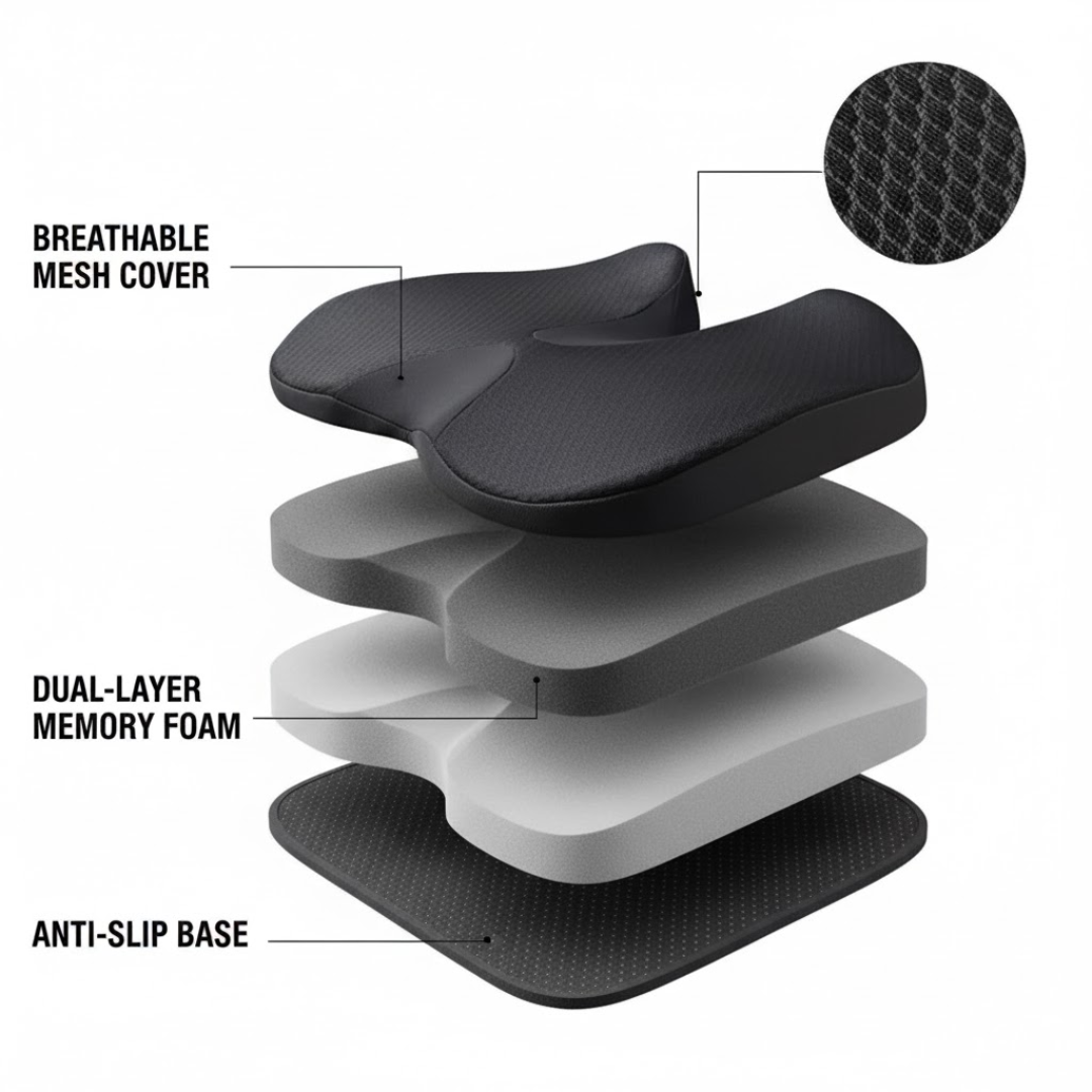 Coussin d'Assise Ergonomique en Mousse à Mémoire de Forme Respirant Antidérapant Housse Lavable Confort Bureau | Koossa