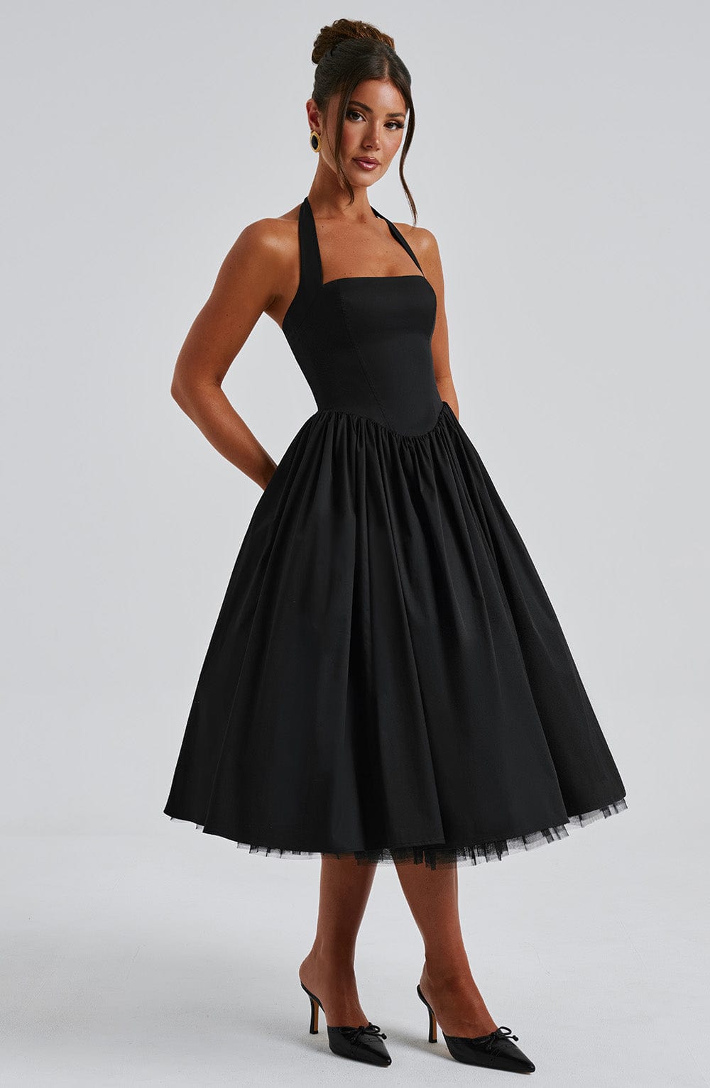 Women's Halter Neck Midi Dress in White and Black – Wedding Guest and Summer Garden Party Occasion Dress | Koossa
