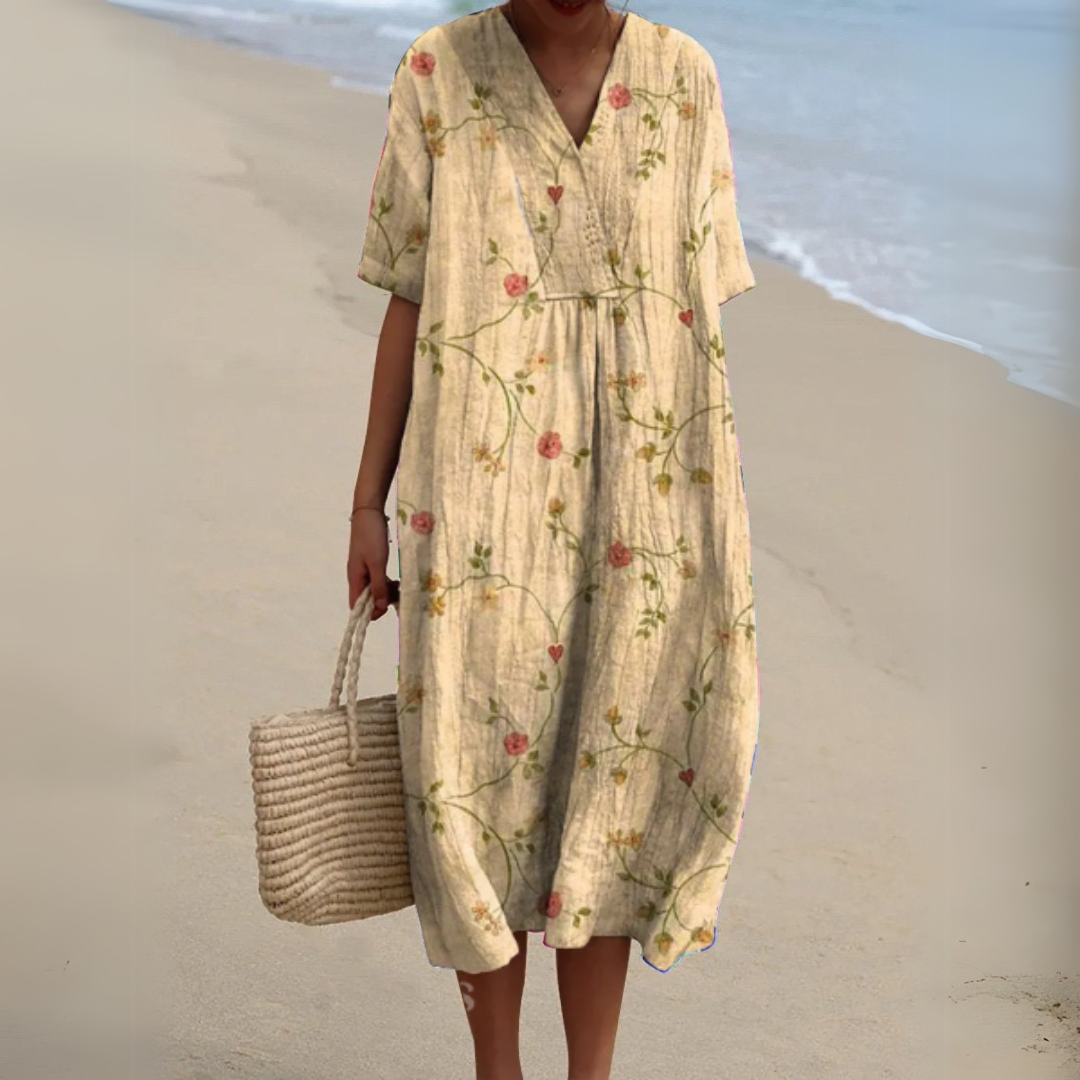 Floaty V-Neck Cotton Linen Dress in Vibrant Prints for Summer Occasions Garden Parties Warm Days | Koossa
