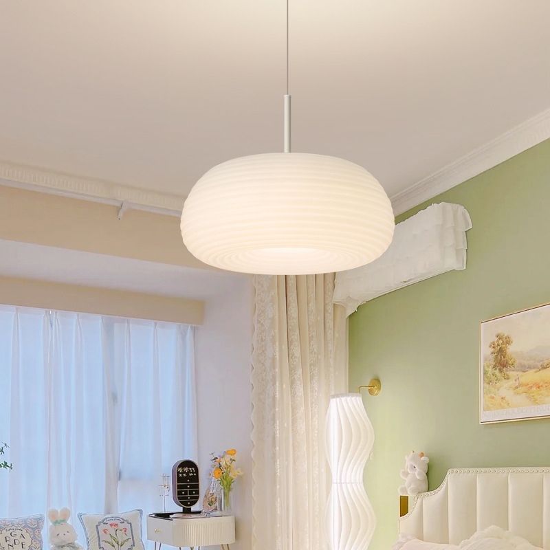 White Acrylic Drum Pendant Light with Dimmable LED, Adjustable Height Hanging Ceiling Fixture for Dining Room Kitchen Bedroom | Lonoma
