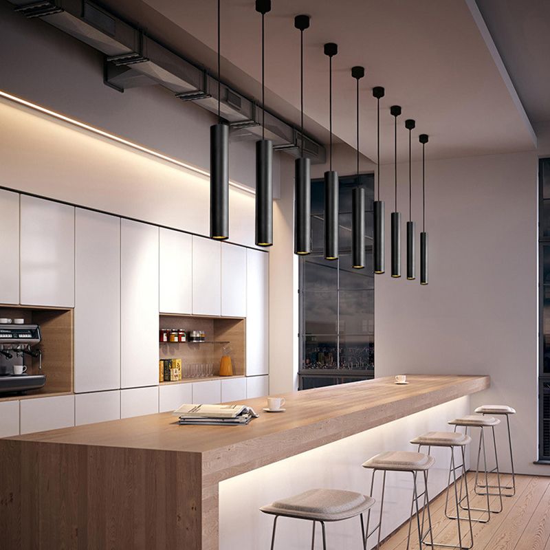Linear Cylinder Pendant Light Black Metal 12 or 16 Inch Hardwired Adjustable Height Modern Hanging Fixture Dining Room Kitchen Island Bar | Lonoma