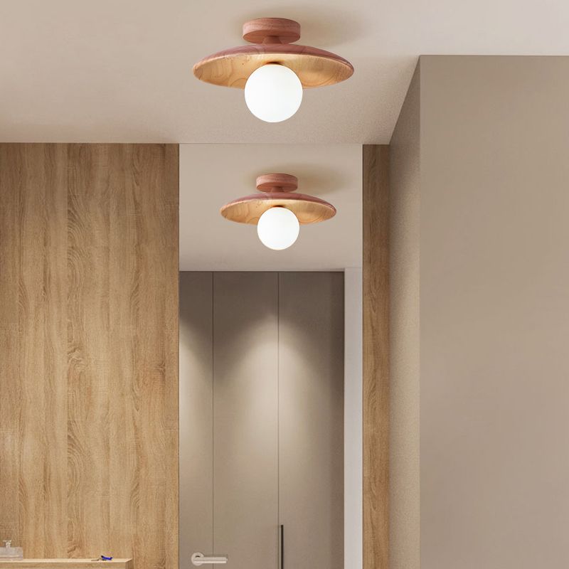 Flush Mount Ceiling Light with Dome Glass Shade Wood Base Modern Oaki Style for Kitchen Bedroom Hallway Entryway Indoor Hardwired G9 LED | Lonoma