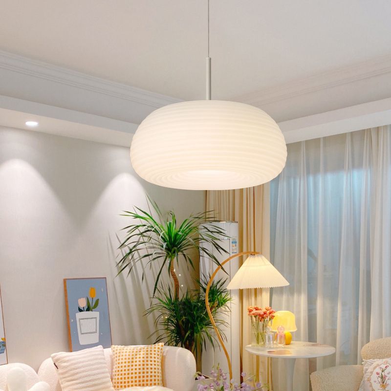 White Acrylic Drum Pendant Light with Dimmable LED, Adjustable Height Hanging Ceiling Fixture for Dining Room Kitchen Bedroom | Lonoma