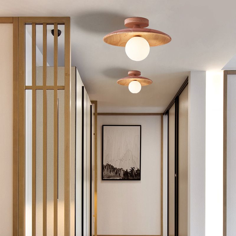 Flush Mount Ceiling Light with Dome Glass Shade Wood Base Modern Oaki Style for Kitchen Bedroom Hallway Entryway Indoor Hardwired G9 LED | Lonoma