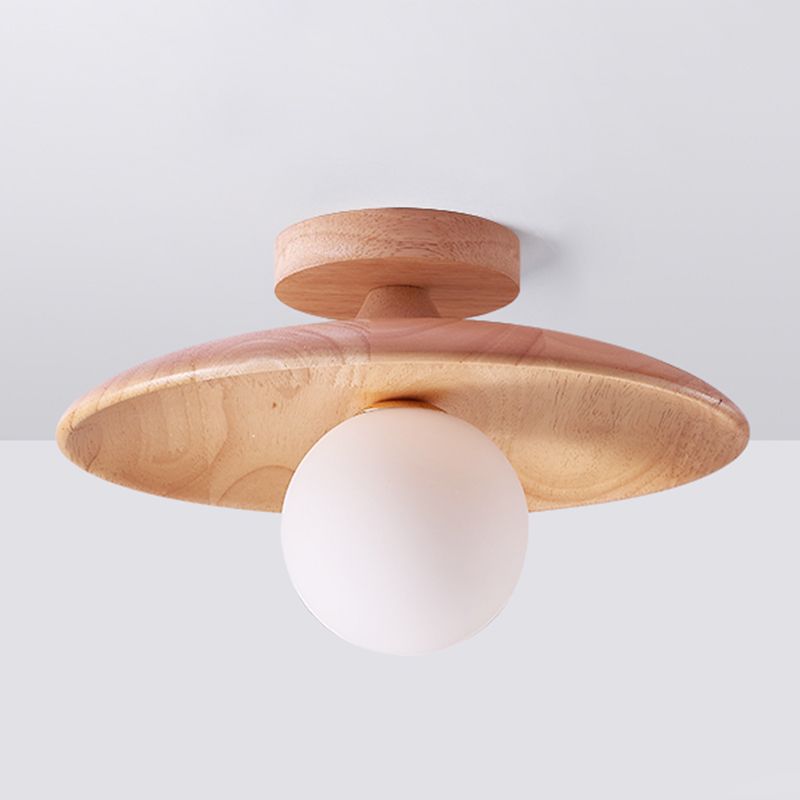 Flush Mount Ceiling Light with Dome Glass Shade Wood Base Modern Oaki Style for Kitchen Bedroom Hallway Entryway Indoor Hardwired G9 LED | Lonoma