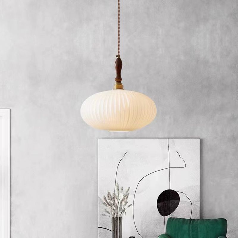 Suspension Cloche Verre Blanc Laiteux et Bois de Noyer 25 cm Éclairage Doux Salle à Manger Cuisine Salon | Koossa