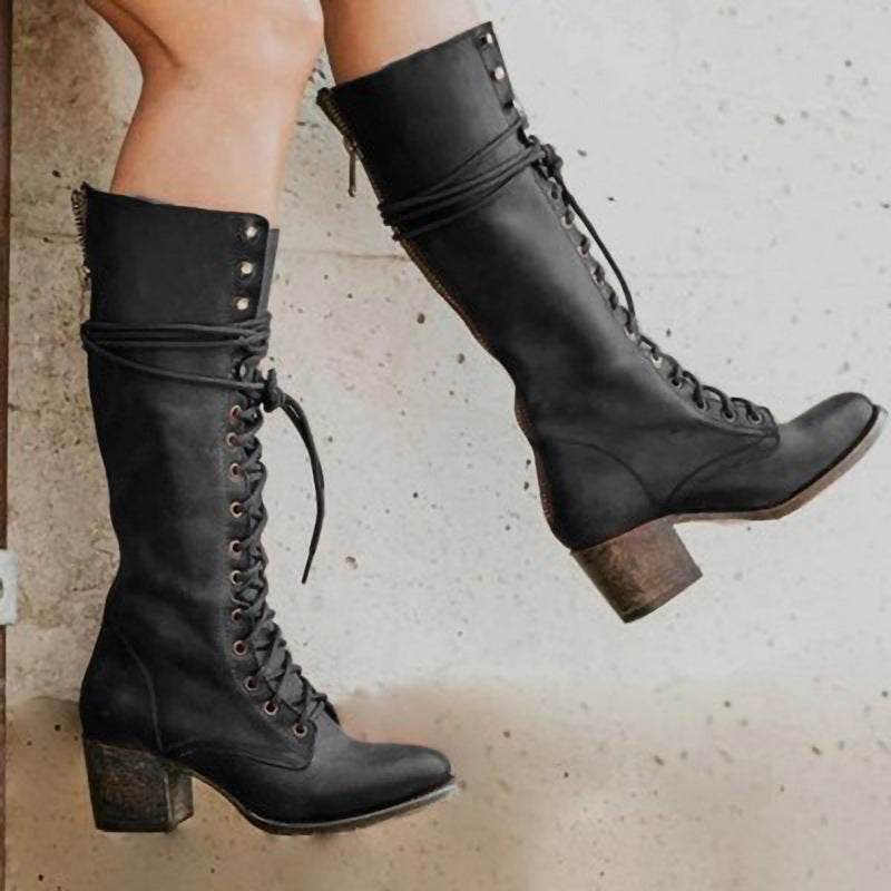 Women's Lace-Up Knee-High Leather Boots in Black, Grey, Brown, Reddish Brown & Khaki – Elegant Statement Footwear for Autumn & Winter | Koossa