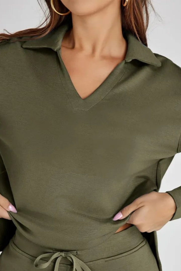 Women's Two-Piece Lounge Set V-Neck Collared Top Wide-Leg Trousers Drawstring Waist Relaxed Fit Comfortable Loungewear Casual Weekend Wear Timeless Minimalist Style | Koossa
