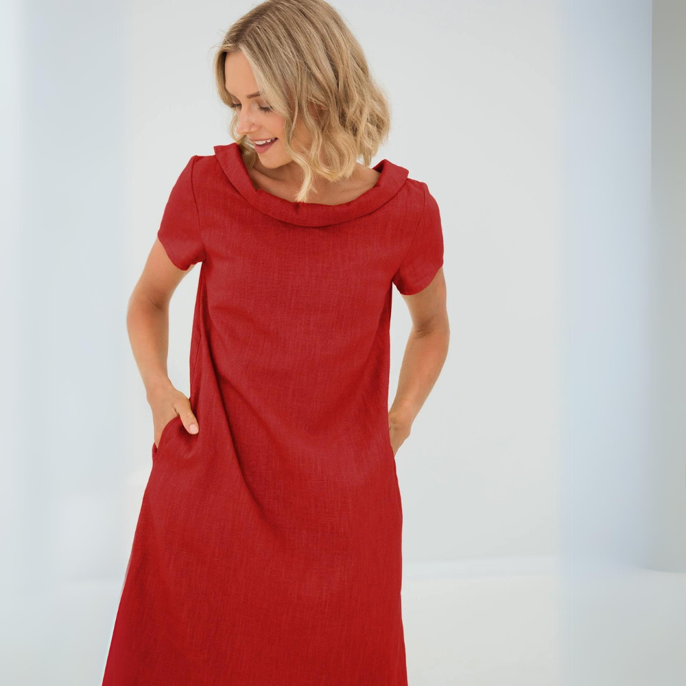 Women's Short Sleeve Midi Dress with Pockets — Elegant Summer Dress for Garden Parties & Daywear | Koossa