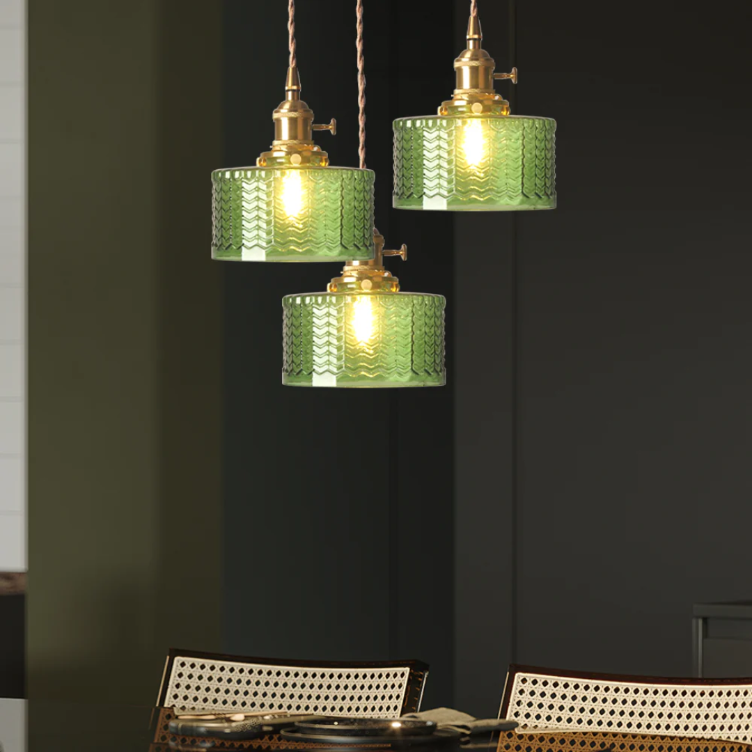 Adjustable Pendant Light with Ribbed Glass Shade, E27 Socket, Green Brass Finish for Kitchen Island, Dining Room & Breakfast Bar | Lonoma