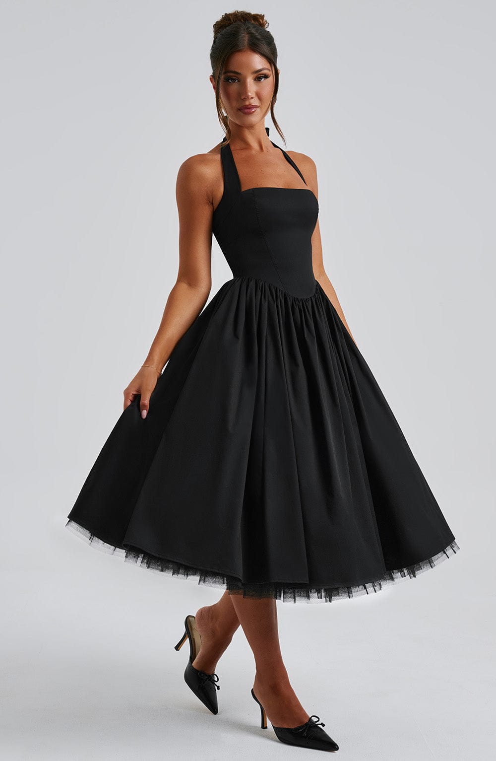 Women's Halter Neck Midi Dress in White and Black – Wedding Guest and Summer Garden Party Occasion Dress | Koossa