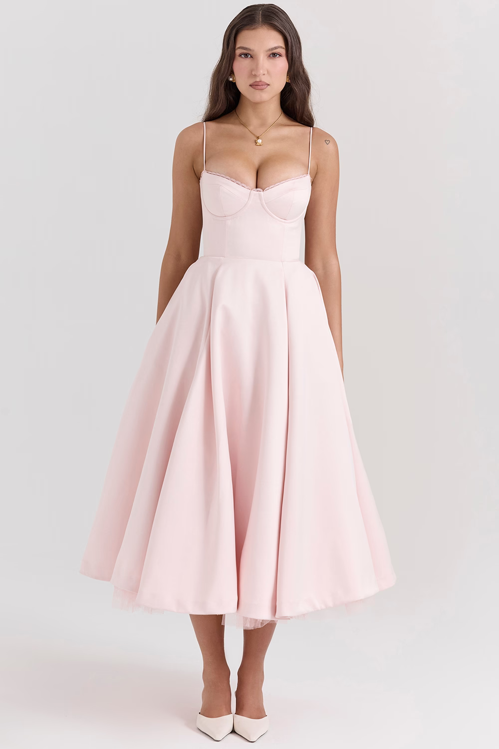 Structured Bustier Midi Dress with Flared Skirt in Blue, Pink, White, Black & Floral for Wedding Guests and Evening Events | Koossa