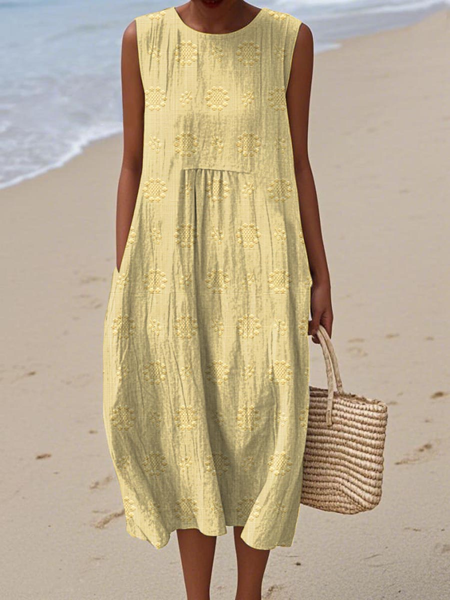 Women's Sleeveless Embroidered Midi Dress with Pockets in Seven Summery Shades | Koossa
