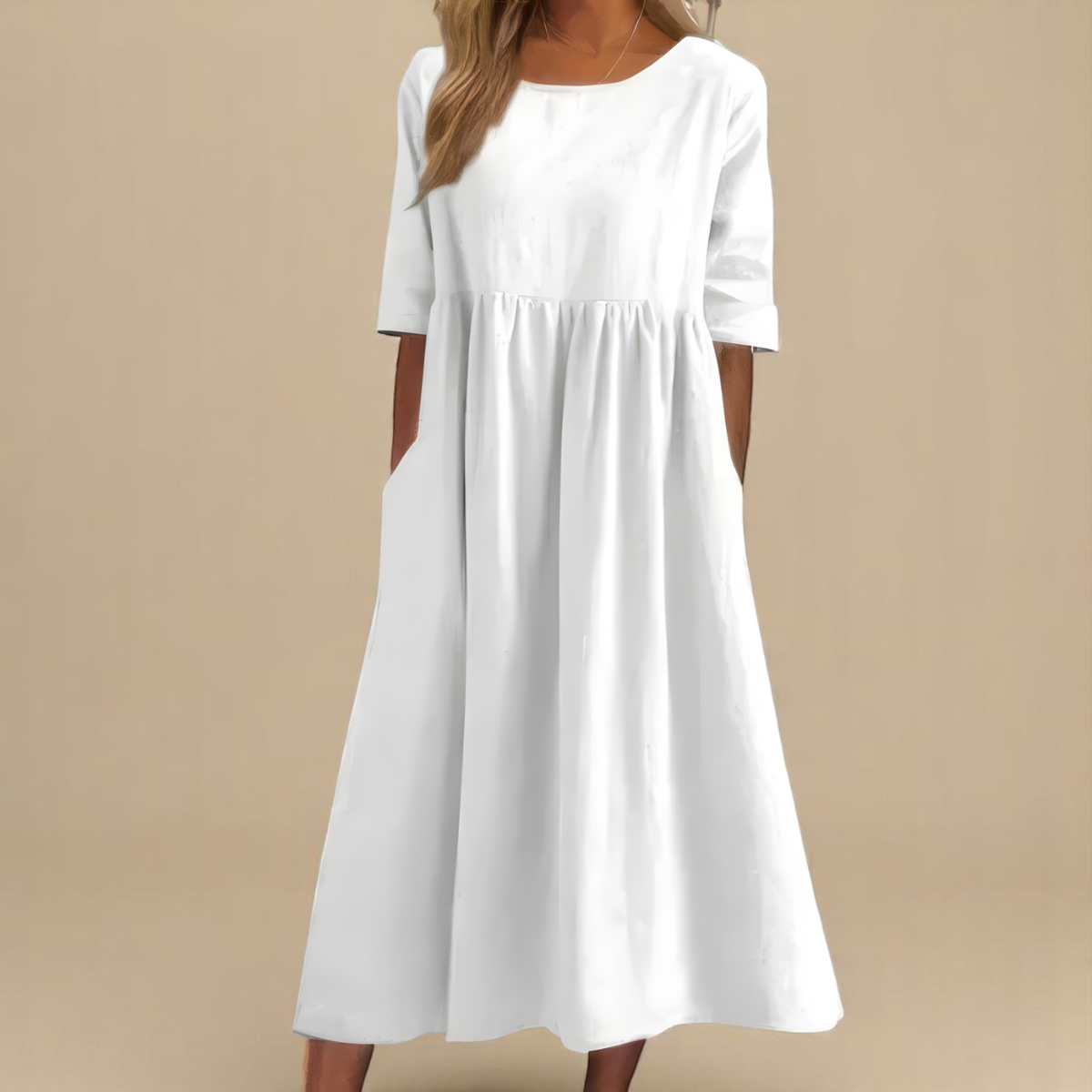 Women's Cotton Round-Neck Dress with Mid-Length Sleeves and Pockets – Relaxed Everyday Midi Dress in Eight Colours | Koossa