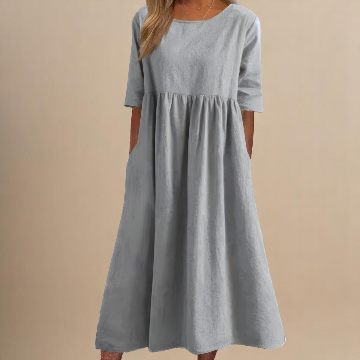 Women's Cotton Mid-Length Dress with Pockets in Eight Colours — Relaxed Fit Round Neck Short Sleeve Summer Spring Casual Everyday Knee-Length Lightweight Dress | Koossa