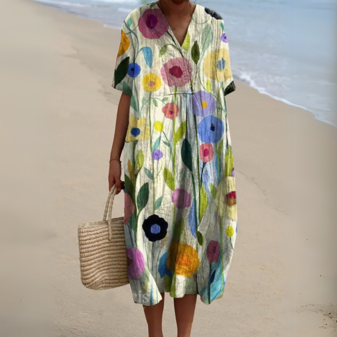 Floaty V-Neck Cotton Linen Dress in Vibrant Prints for Summer Occasions Garden Parties Warm Days | Koossa