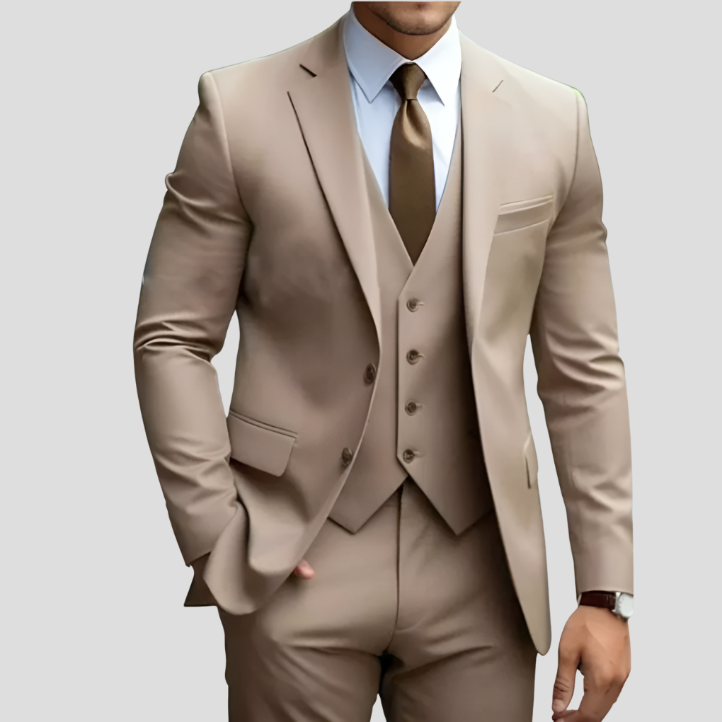 Men's Beige Three-Piece Slim Fit Suit — Formal Wedding Suit for Grooms & Groomsmen | Koossa