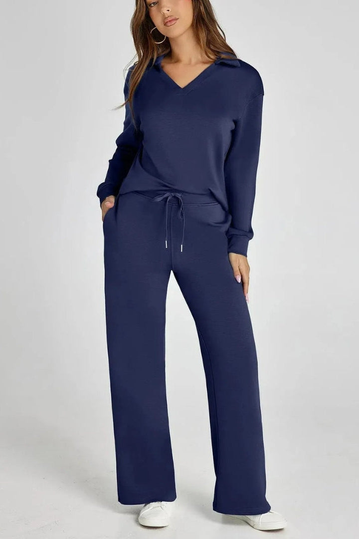 Women's Two-Piece Lounge Set V-Neck Collared Top Wide-Leg Trousers Drawstring Waist Relaxed Fit Comfortable Loungewear Casual Weekend Wear Timeless Minimalist Style | Koossa