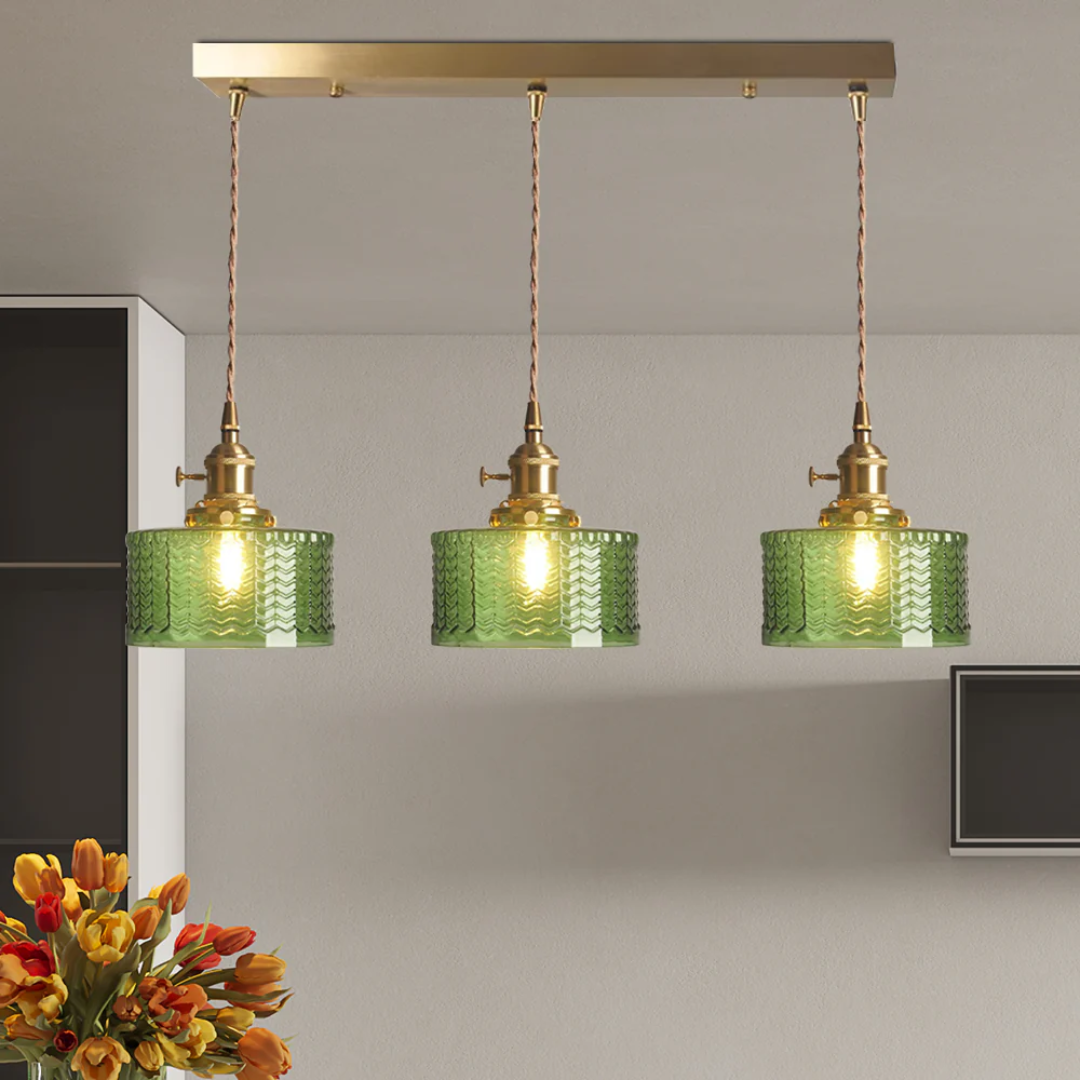 Adjustable Pendant Light with Ribbed Glass Shade, E27 Socket, Green Brass Finish for Kitchen Island, Dining Room & Breakfast Bar | Lonoma
