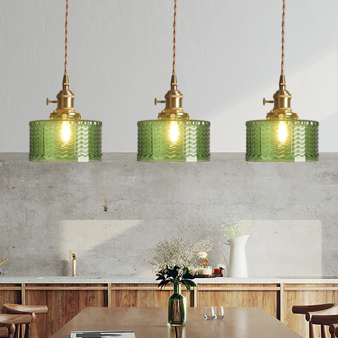 Adjustable Pendant Light with Ribbed Glass Shade, E27 Socket, Green Brass Finish for Kitchen Island, Dining Room & Breakfast Bar | Lonoma