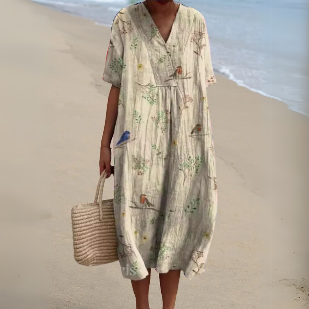 Floaty V-Neck Cotton Linen Dress in Vibrant Prints for Summer Occasions Garden Parties Warm Days | Koossa
