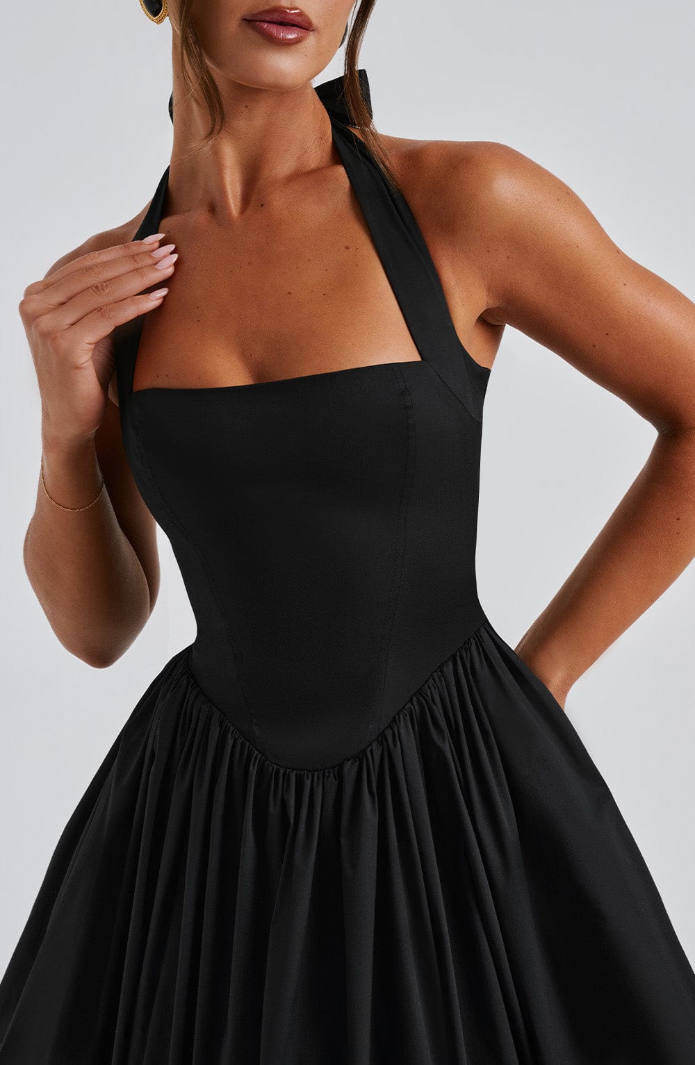 Women's Halter Neck Midi Dress in White and Black – Wedding Guest and Summer Garden Party Occasion Dress | Koossa