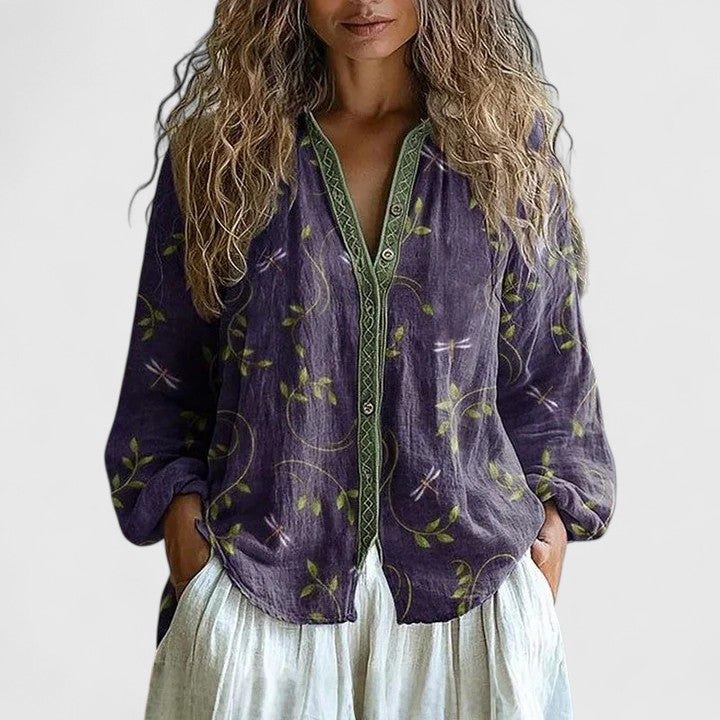Women's Botanical Print Button-Through Blouse in Flowing Viscose for Warm-Weather Elegance | Koossa