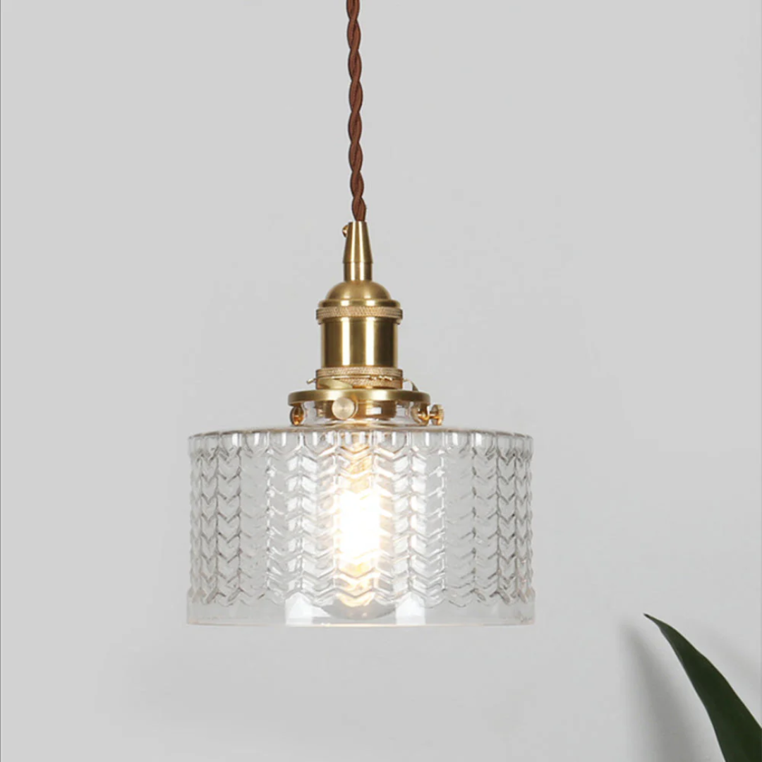 Adjustable Pendant Light with Ribbed Glass Shade, E27 Socket, Green Brass Finish for Kitchen Island, Dining Room & Breakfast Bar | Lonoma