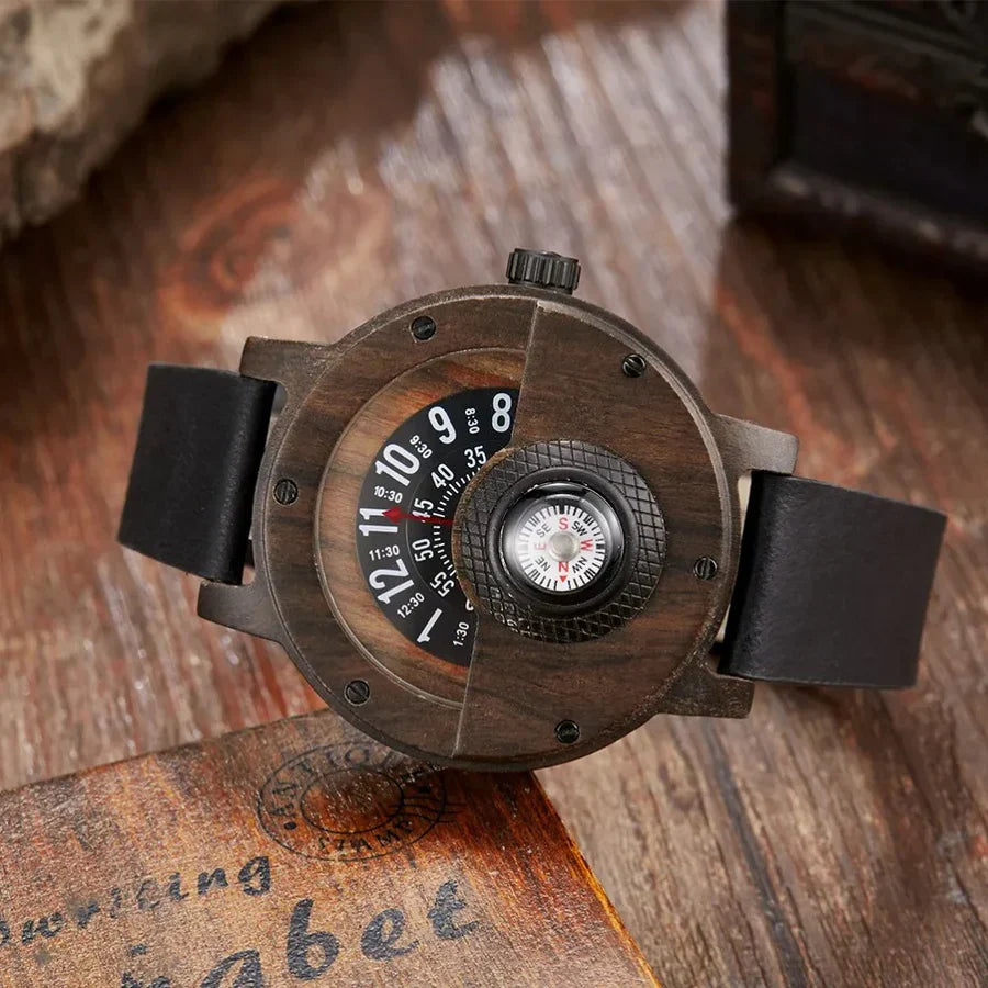 Men's Wooden Watch with Leather Strap — Classic Timepiece with Compass for Everyday Elegance | Koossa