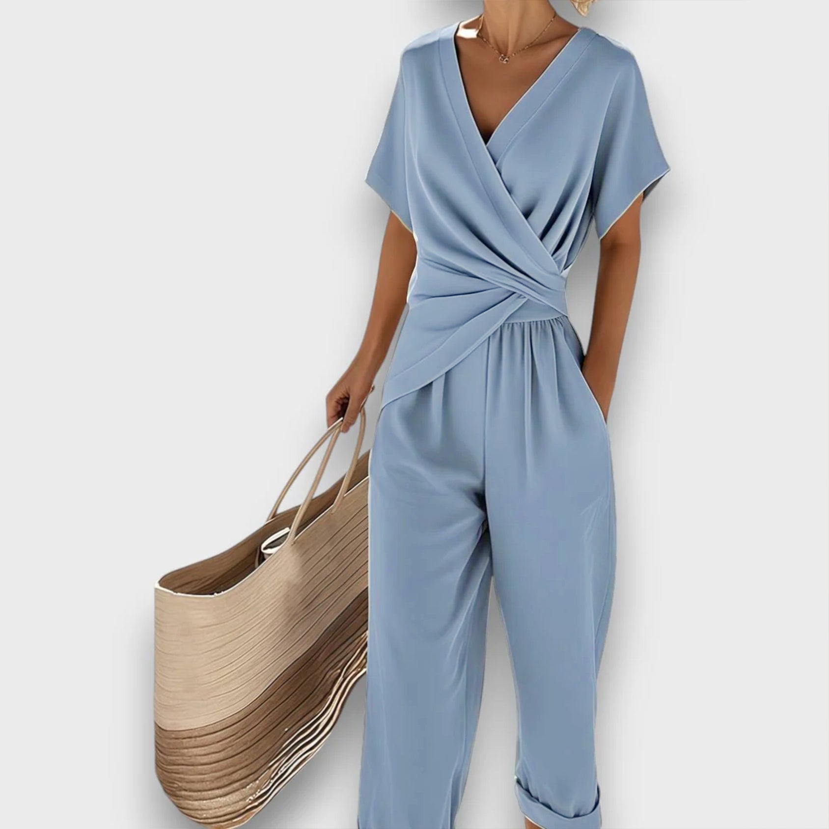 Women's Two-Piece Co-Ord Set with Wrap-Effect Top and Wide-Leg Trousers — Elegant Summer Outfit for Holidays & Garden Parties | Koossa