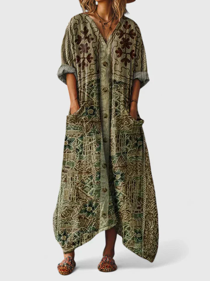 Women's Oversized Pocket Dress with Embroidery Detail – Relaxed Everyday Cotton Dress with Feminine Detailing | Koossa
