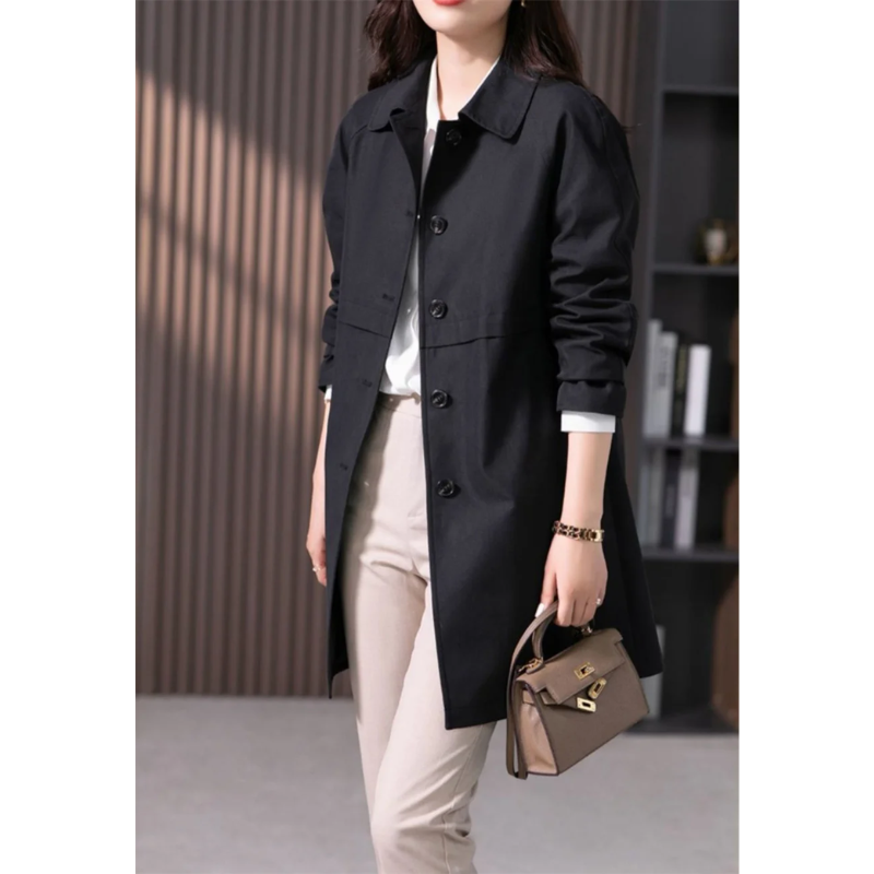 Women's Long Trench Coat with Single Button Fastening in Dark Blue and Black | Classic Tailored Outerwear with Wide Collar | Koossa