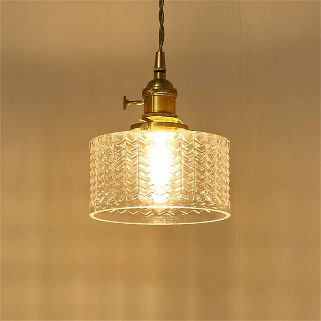 Adjustable Pendant Light with Ribbed Glass Shade, E27 Socket, Green Brass Finish for Kitchen Island, Dining Room & Breakfast Bar | Lonoma