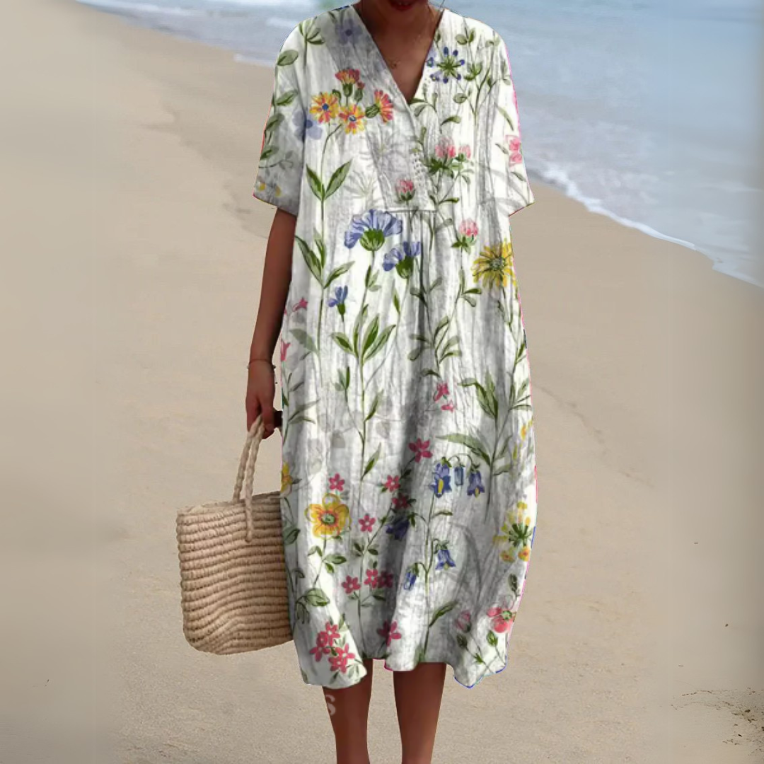 Floaty V-Neck Cotton Linen Dress in Vibrant Prints for Summer Occasions Garden Parties Warm Days | Koossa