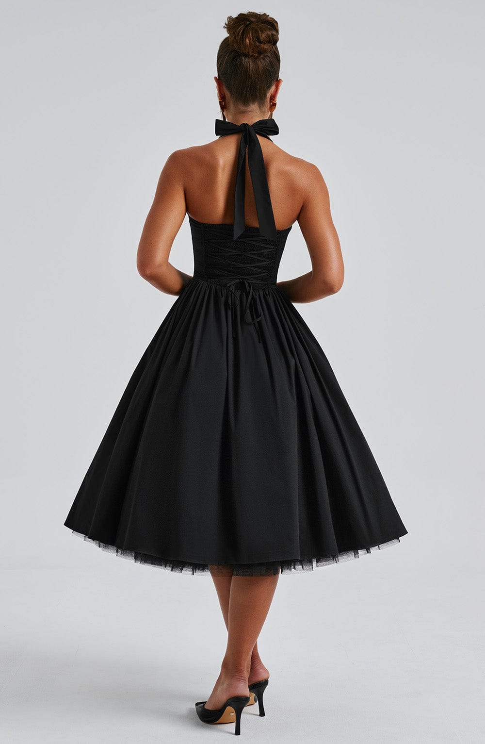 Women's Halter Neck Midi Dress in White and Black – Wedding Guest and Summer Garden Party Occasion Dress | Koossa