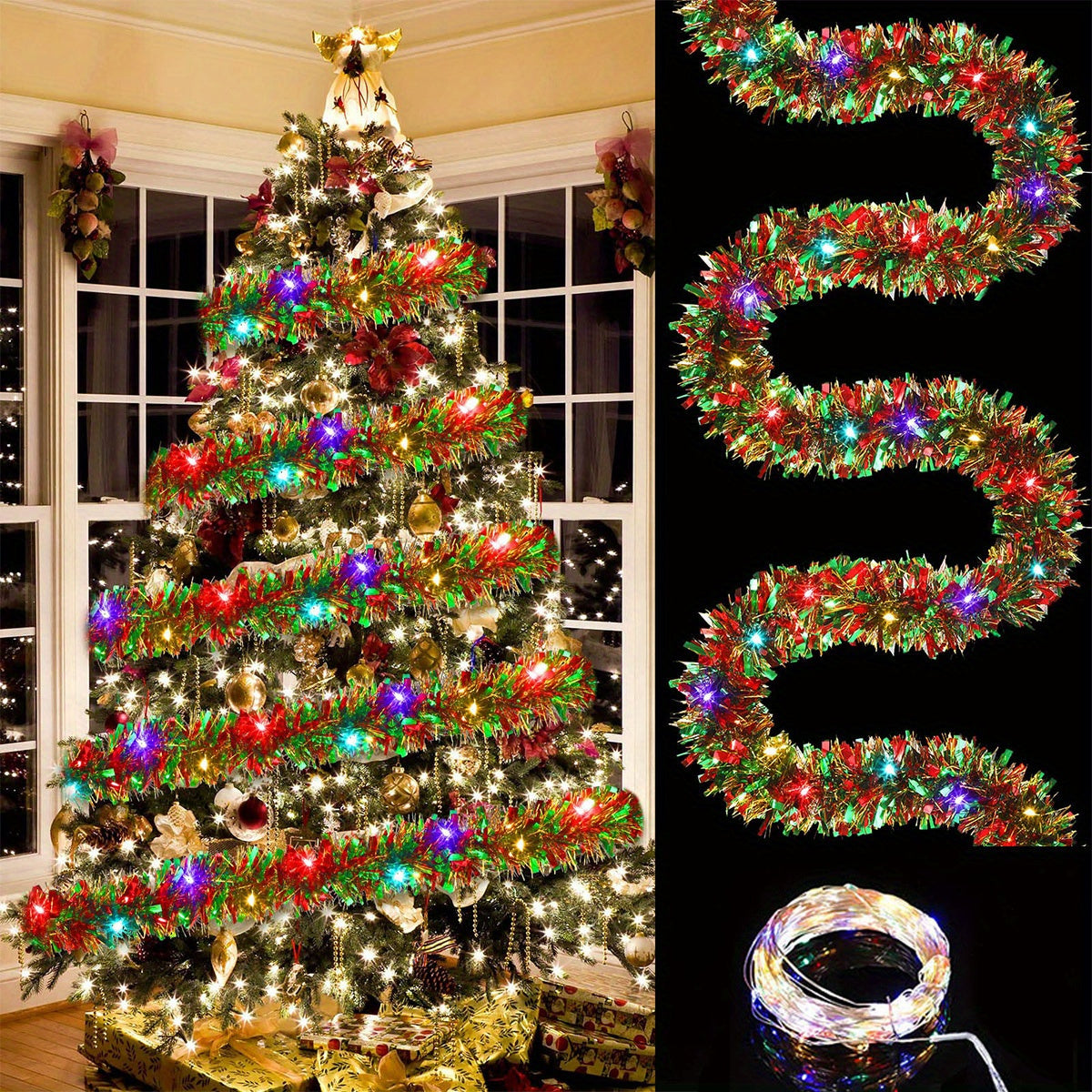 Battery-Powered LED Tinsel Garland 16 ft String Lights with 50 Warm Bulbs for Christmas Tree Holiday Party Decor Indoor Use Glamorous Sparkle | Lonoma