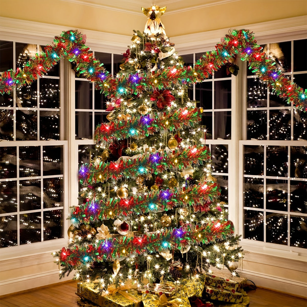 Battery-Powered LED Tinsel Garland 16 ft String Lights with 50 Warm Bulbs for Christmas Tree Holiday Party Decor Indoor Use Glamorous Sparkle | Lonoma