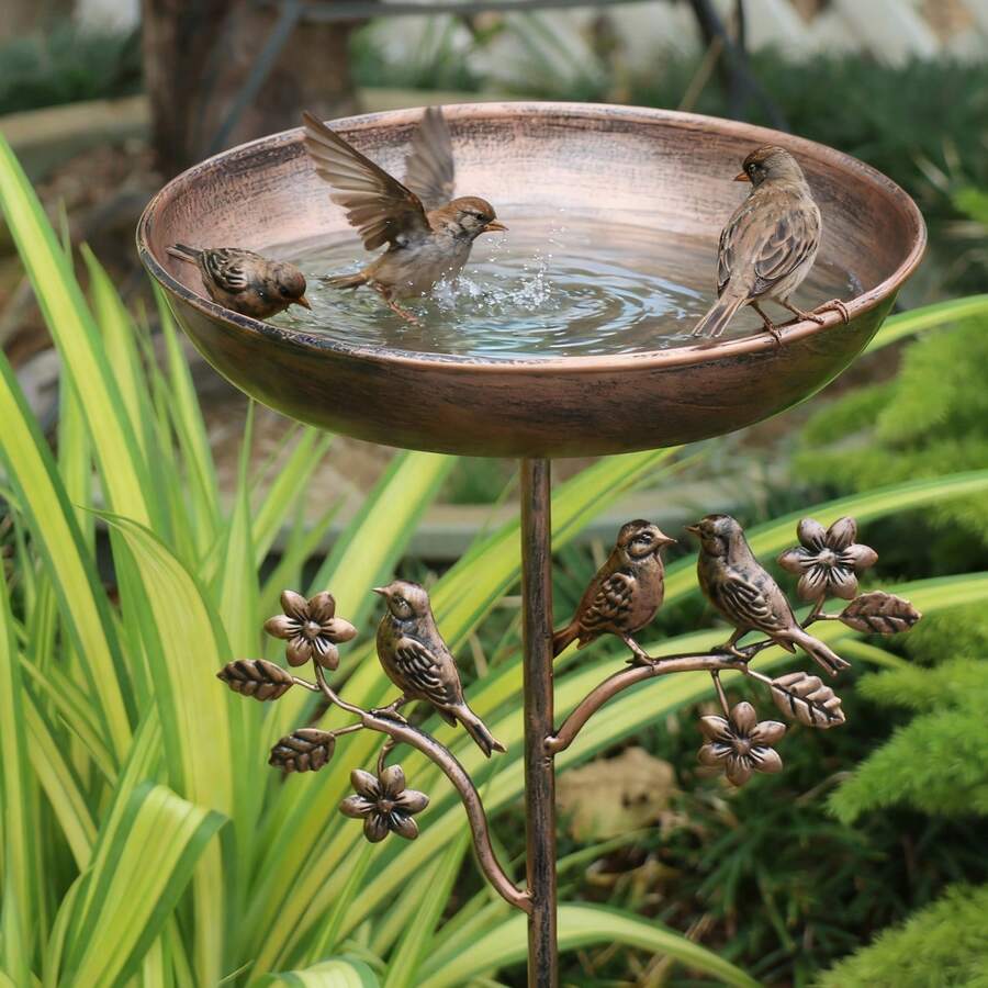 Metal Bird Bath with Garden Stake, 9.5 in Copper-Tone Outdoor Birdbath Bowl for Songbirds, Yard, Patio & Lawn, Easy Assembly | Lonoma