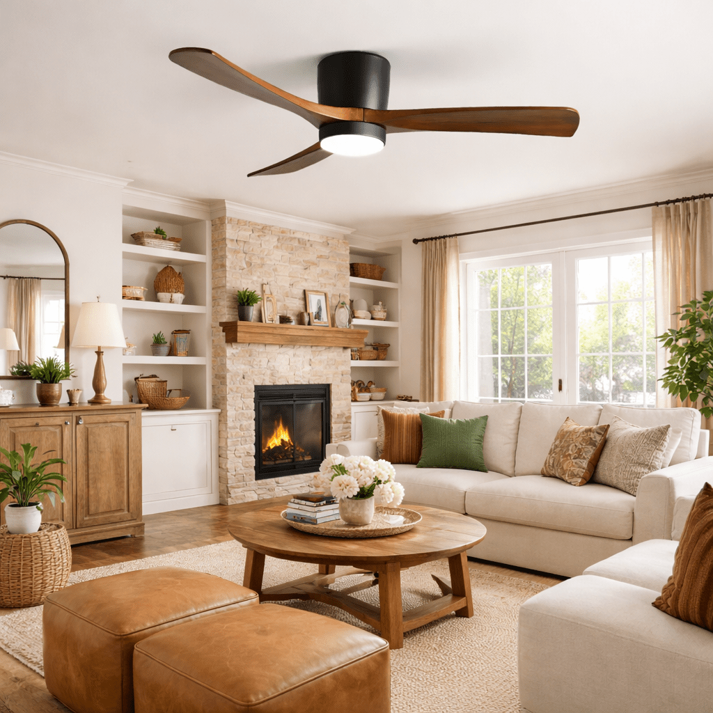 Ventilateur de plafond lumineux lames bois naturel design nordique silencieux économe chambre salon moderne | Koossa