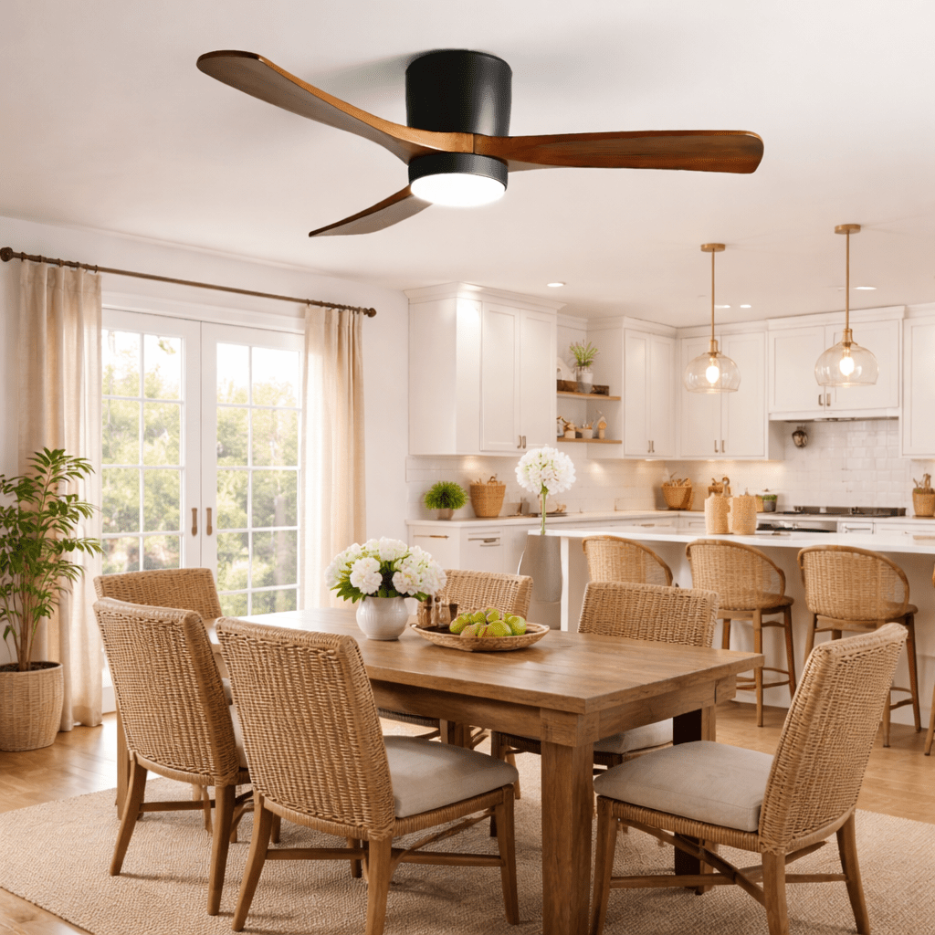 Ventilateur de plafond lumineux lames bois naturel design nordique silencieux économe chambre salon moderne | Koossa